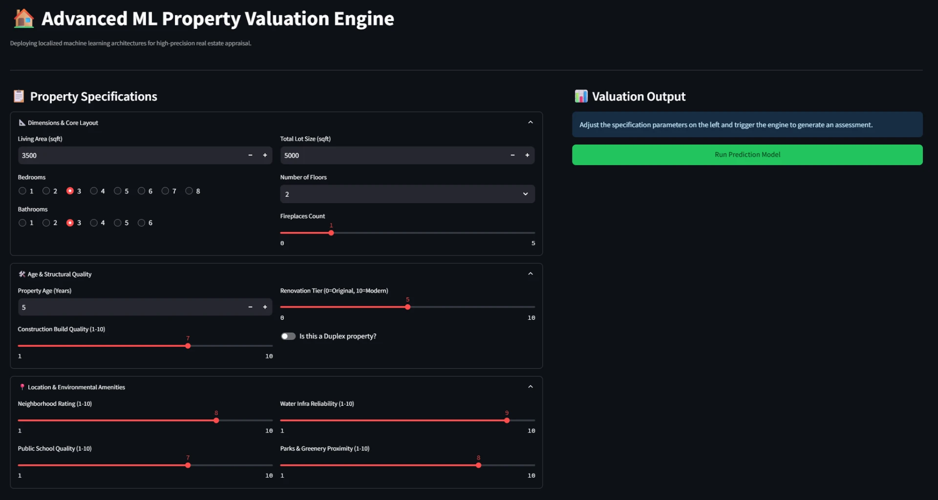 Advanced ML Property Valuation Engine app showing property specification inputs and the valuation output panel