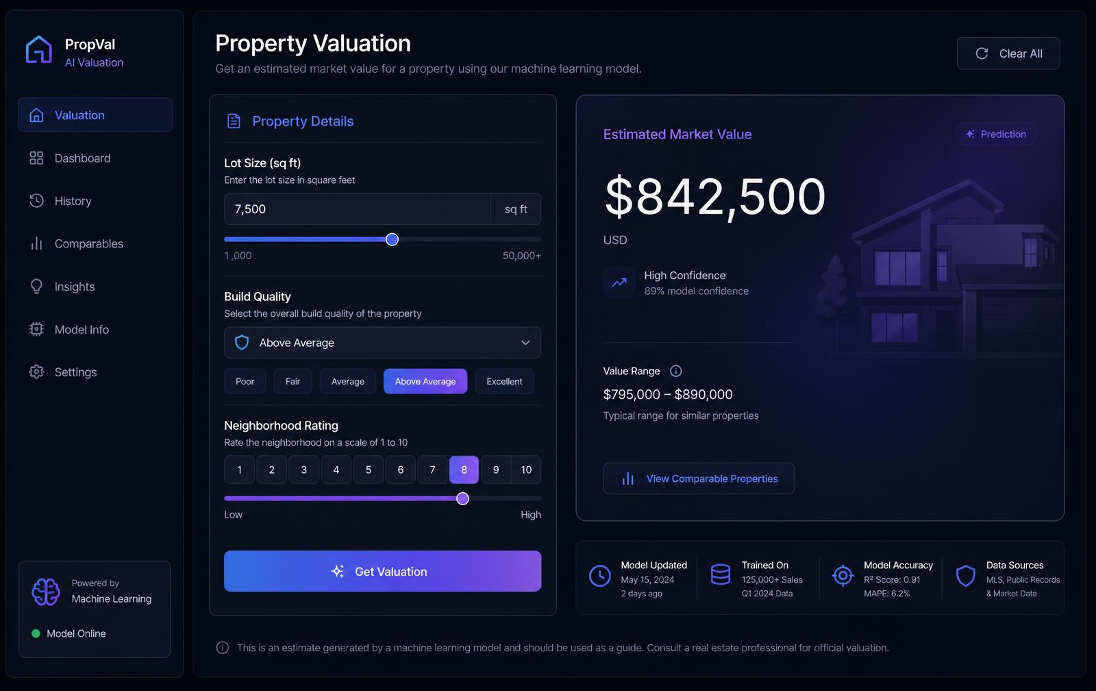 Preview of the ML Advanced Property Valuation Engine web application